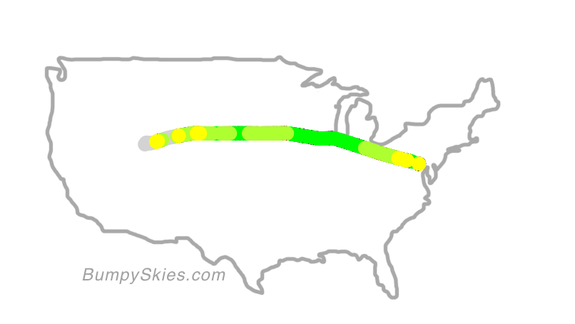 Map of continental US with illustrated flight path and turbulence forecast (described in text below)