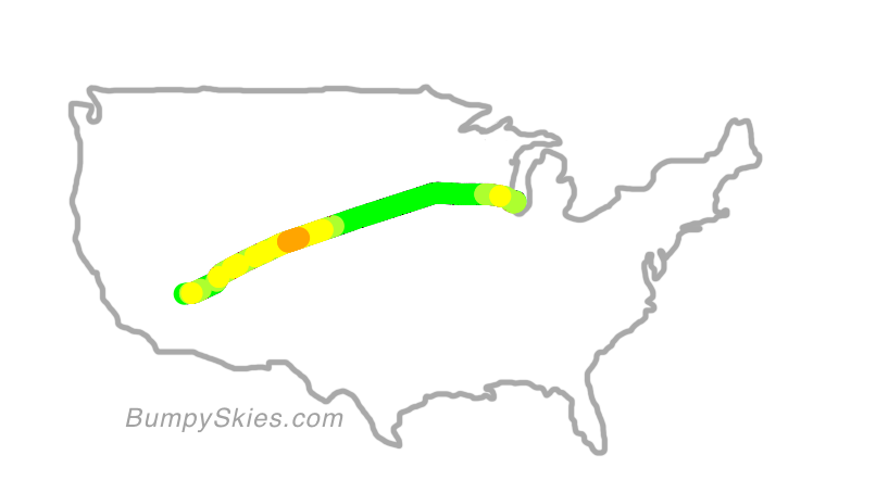 Map of continental US with illustrated flight path and turbulence forecast (described in text below)