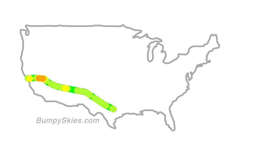 Map of continental US with illustrated flight path and turbulence forecast (described in text below)