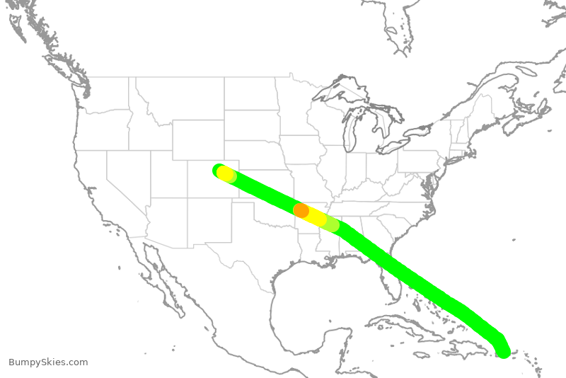 Turbulence forecast map for UAL1339, DEN to SJU