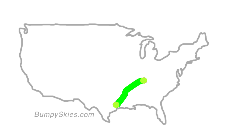 Map of continental US with illustrated flight path and turbulence forecast (described in text below)