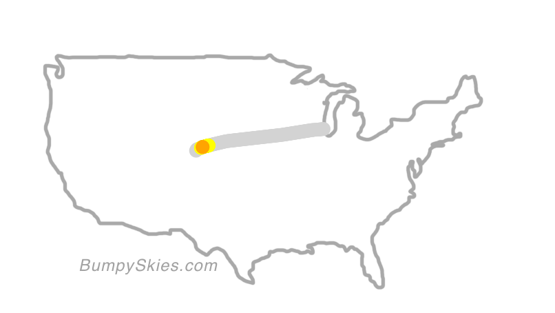 Map of continental US with illustrated flight path and turbulence forecast (described in text below)