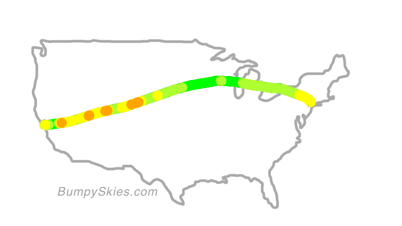 Map of continental US with illustrated flight path and turbulence forecast (described in text below)