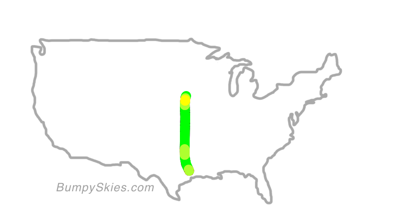 Map of continental US with illustrated flight path and turbulence forecast (described in text below)