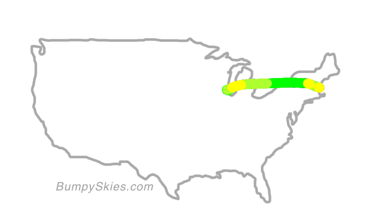 Map of continental US with illustrated flight path and turbulence forecast (described in text below)