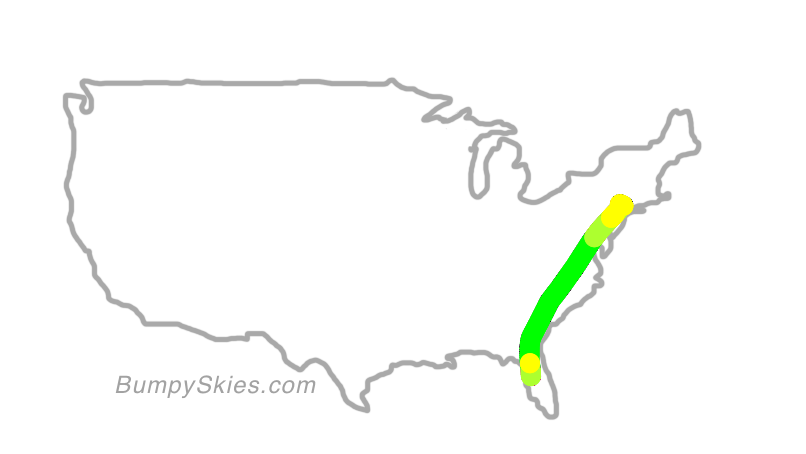 Map of continental US with illustrated flight path and turbulence forecast (described in text below)