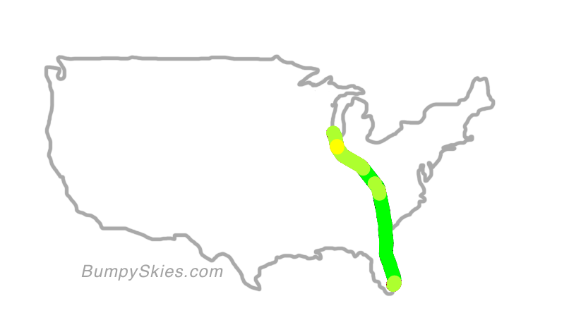 Map of continental US with illustrated flight path and turbulence forecast (described in text below)
