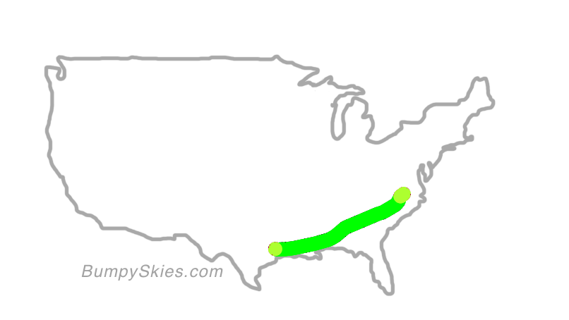 Map of continental US with illustrated flight path and turbulence forecast (described in text below)