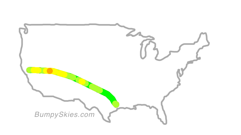 Map of continental US with illustrated flight path and turbulence forecast (described in text below)
