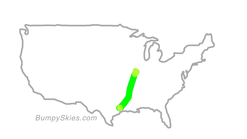 Map of continental US with illustrated flight path and turbulence forecast (described in text below)