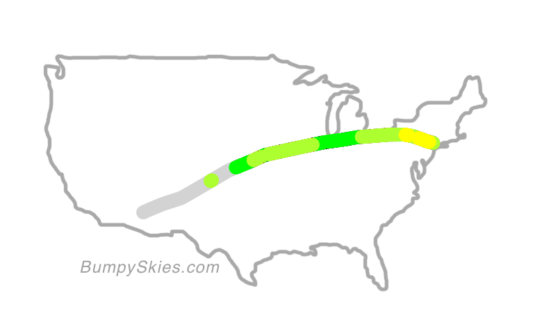 Map of continental US with illustrated flight path and turbulence forecast (described in text below)