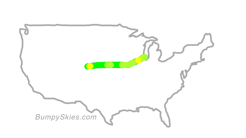 Map of continental US with illustrated flight path and turbulence forecast (described in text below)