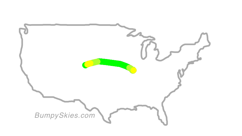 Map of continental US with illustrated flight path and turbulence forecast (described in text below)