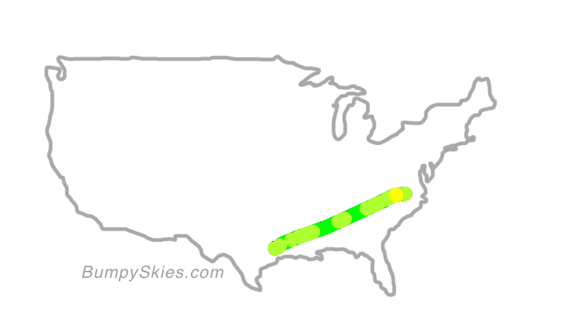 Map of continental US with illustrated flight path and turbulence forecast (described in text below)