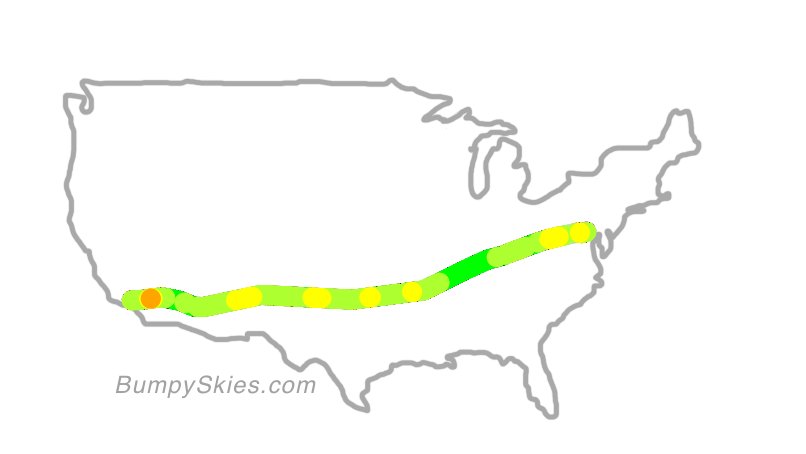 Map of continental US with illustrated flight path and turbulence forecast (described in text below)