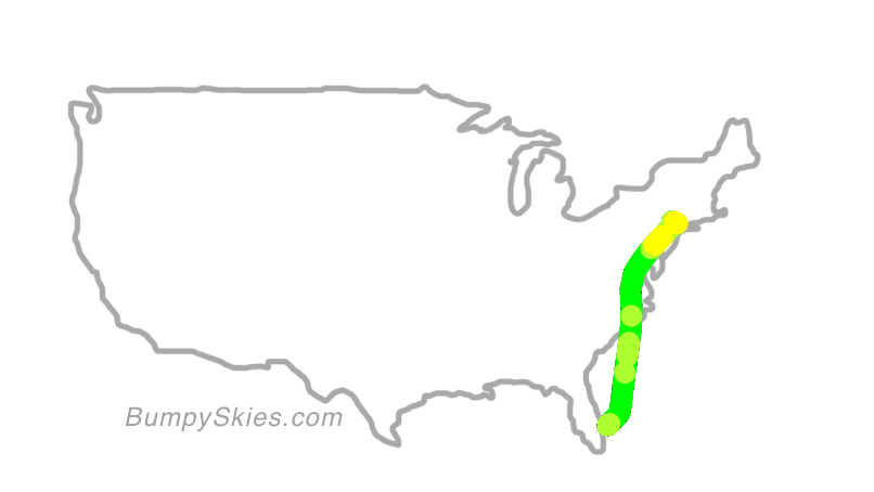 Map of continental US with illustrated flight path and turbulence forecast (described in text below)