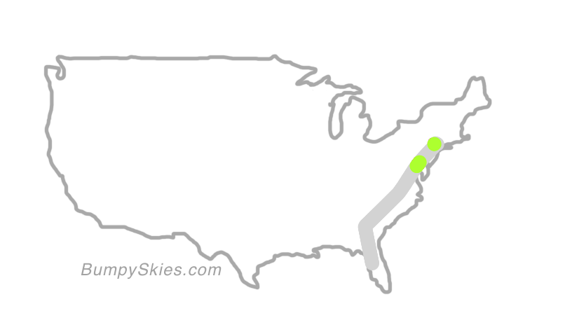 Map of continental US with illustrated flight path and turbulence forecast (described in text below)