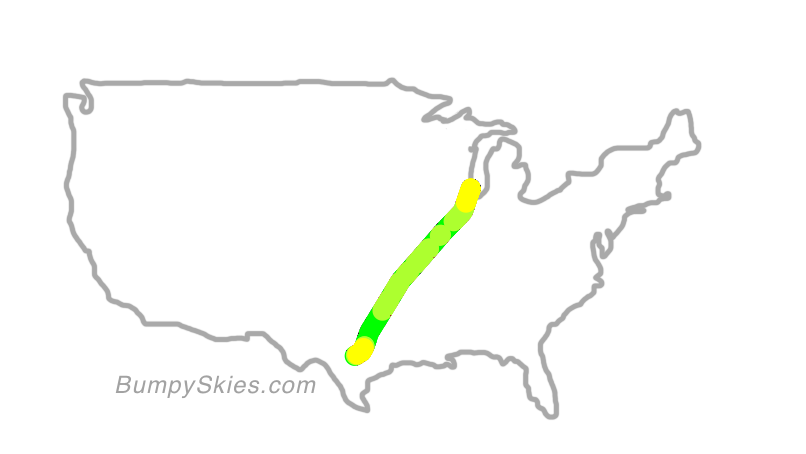 Map of continental US with illustrated flight path and turbulence forecast (described in text below)