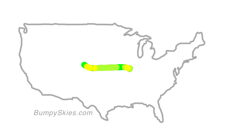 Map of continental US with illustrated flight path and turbulence forecast (described in text below)