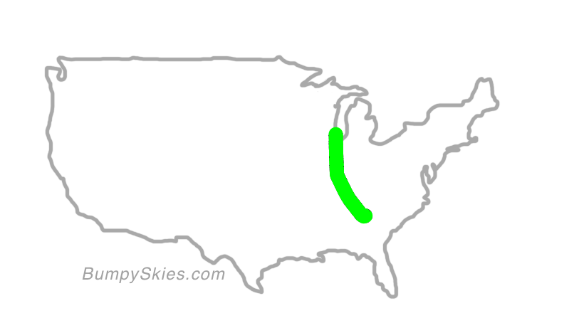 Map of continental US with illustrated flight path and turbulence forecast (described in text below)
