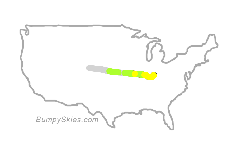 Map of continental US with illustrated flight path and turbulence forecast (described in text below)