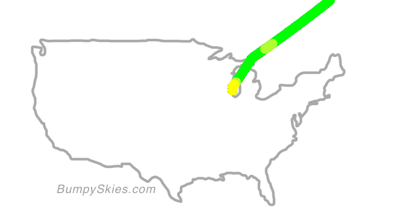 Map of continental US with illustrated flight path and turbulence forecast (described in text below)