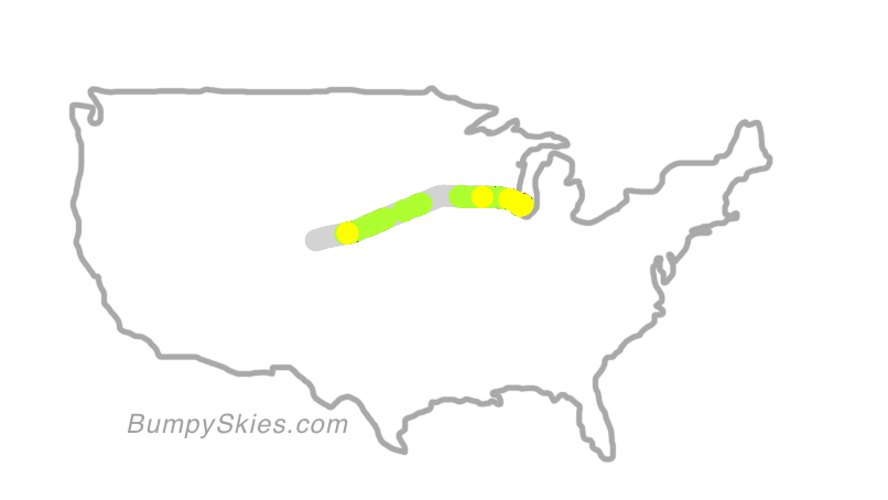 Map of continental US with illustrated flight path and turbulence forecast (described in text below)