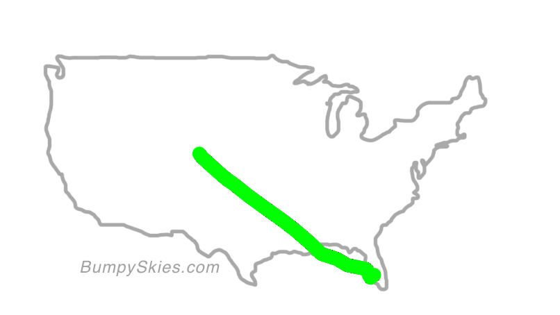 Map of continental US with illustrated flight path and turbulence forecast (described in text below)
