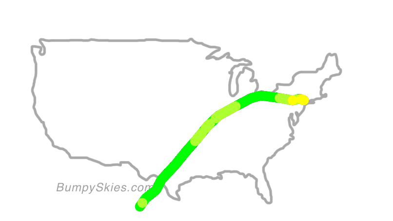 Map of continental US with illustrated flight path and turbulence forecast (described in text below)