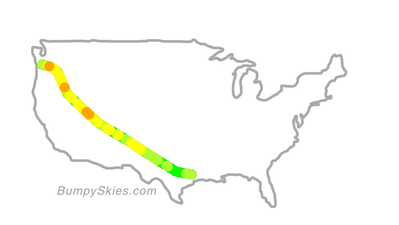Map of continental US with illustrated flight path and turbulence forecast (described in text below)