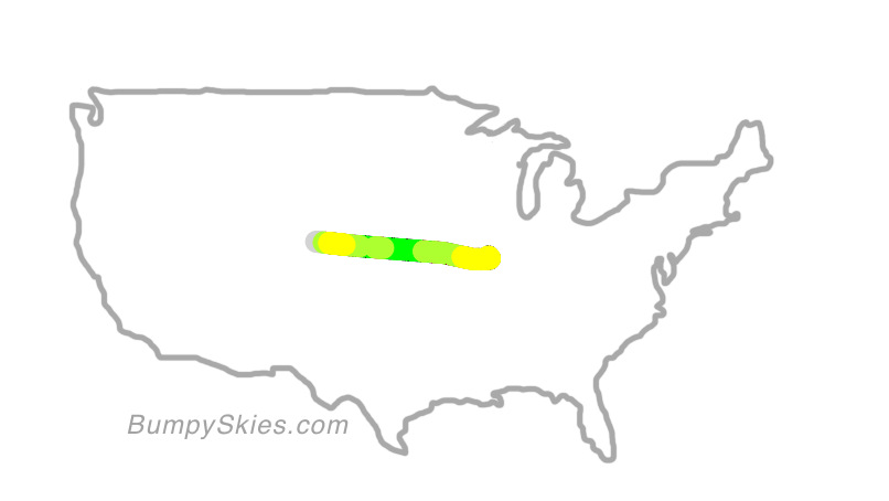 Map of continental US with illustrated flight path and turbulence forecast (described in text below)