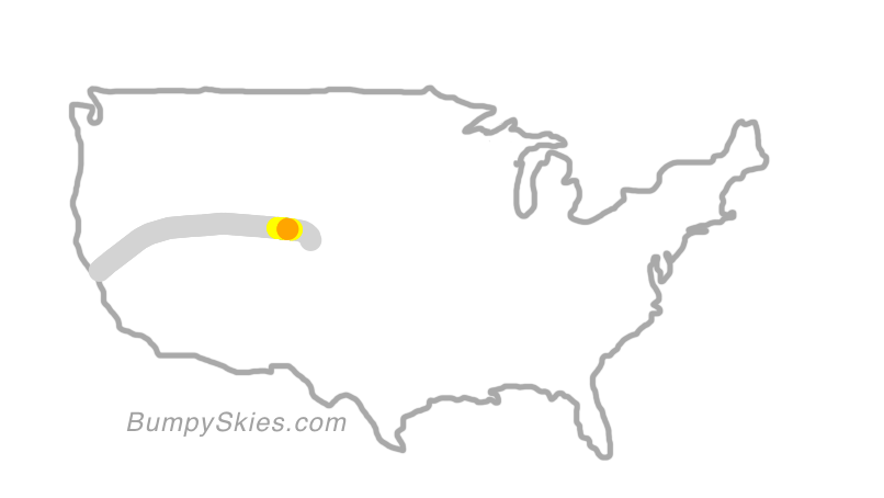 Map of continental US with illustrated flight path and turbulence forecast (described in text below)