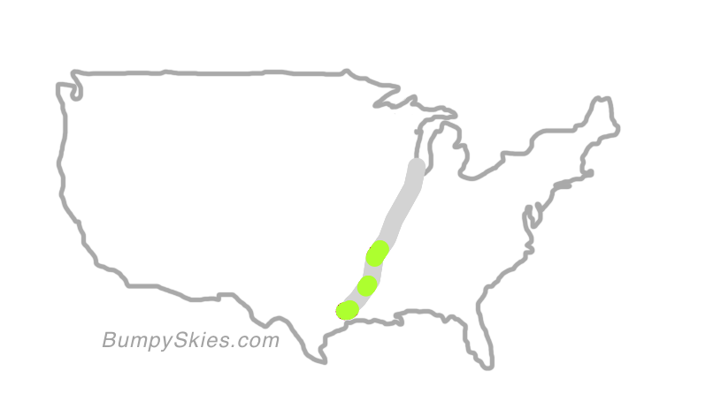 Map of continental US with illustrated flight path and turbulence forecast (described in text below)