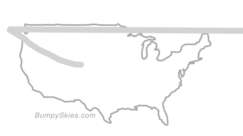 Map of continental US with illustrated flight path and turbulence forecast (described in text below)