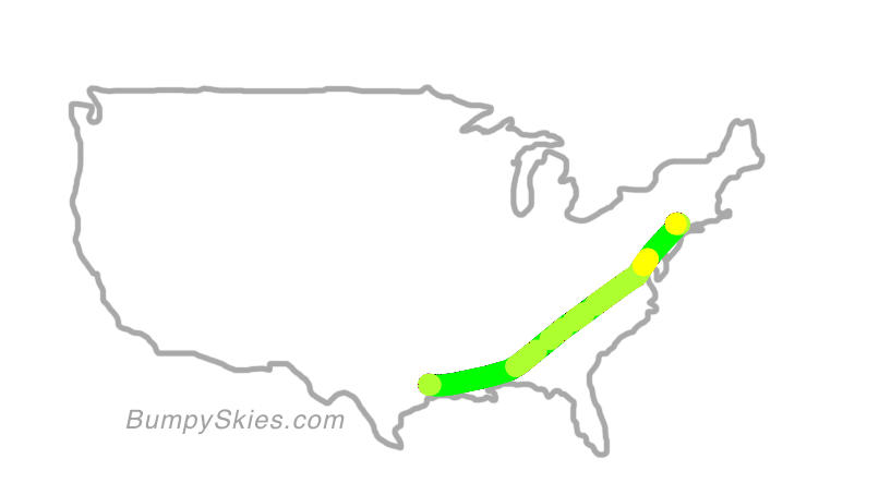 Map of continental US with illustrated flight path and turbulence forecast (described in text below)