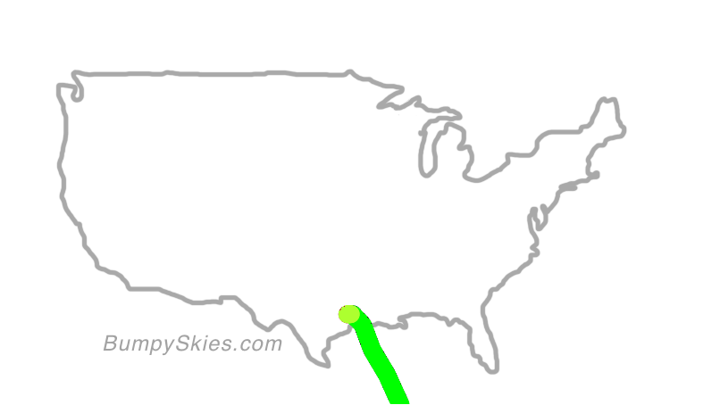 Map of continental US with illustrated flight path and turbulence forecast (described in text below)