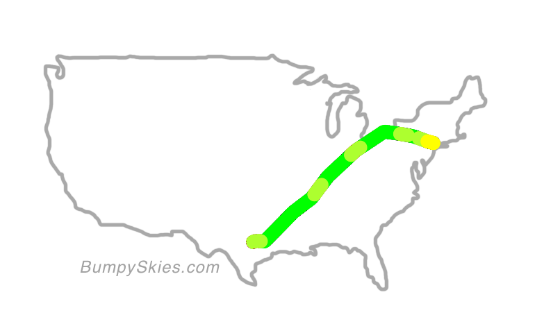 Map of continental US with illustrated flight path and turbulence forecast (described in text below)