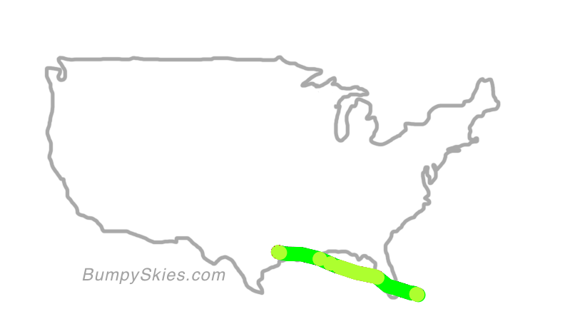 Map of continental US with illustrated flight path and turbulence forecast (described in text below)