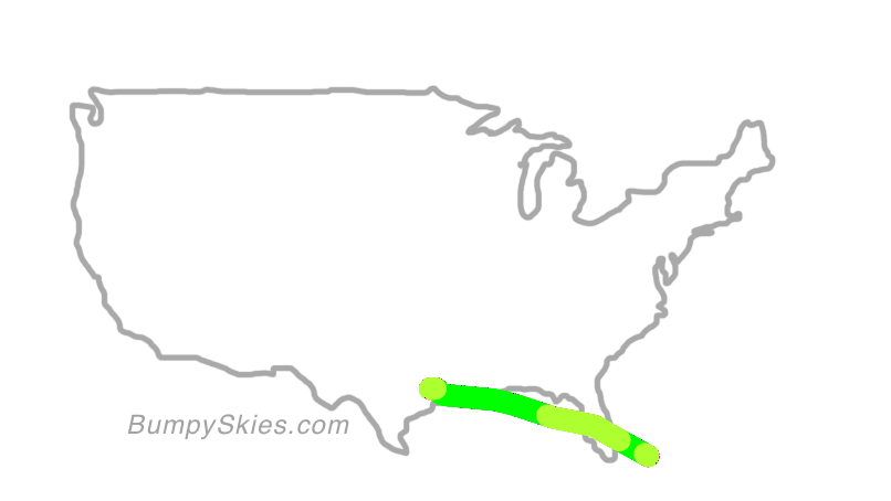 Map of continental US with illustrated flight path and turbulence forecast (described in text below)