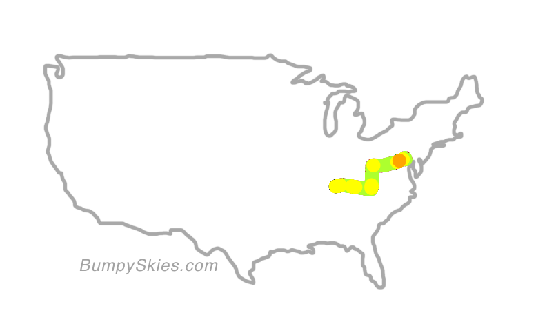 Map of continental US with illustrated flight path and turbulence forecast (described in text below)