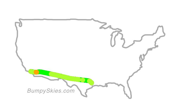 Map of continental US with illustrated flight path and turbulence forecast (described in text below)