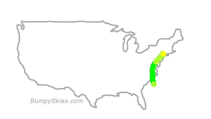 Map of continental US with illustrated flight path and turbulence forecast (described in text below)