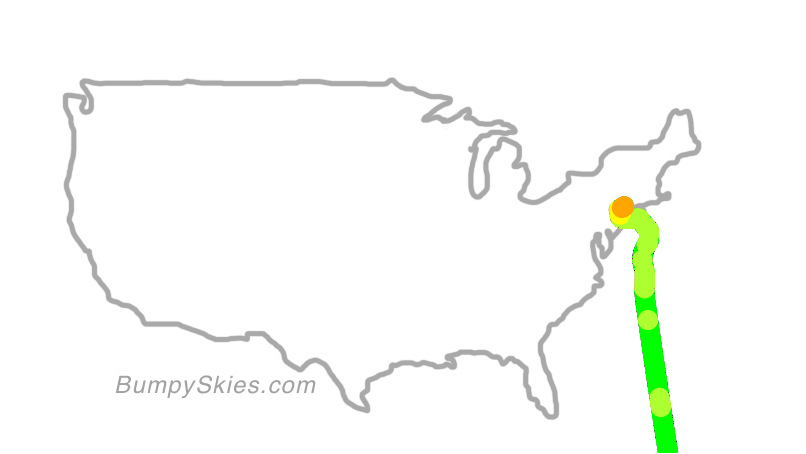 Map of continental US with illustrated flight path and turbulence forecast (described in text below)