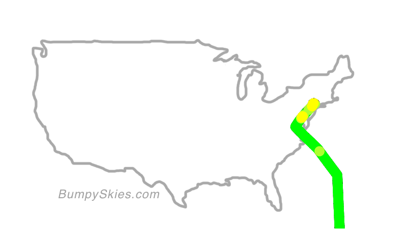 Map of continental US with illustrated flight path and turbulence forecast (described in text below)