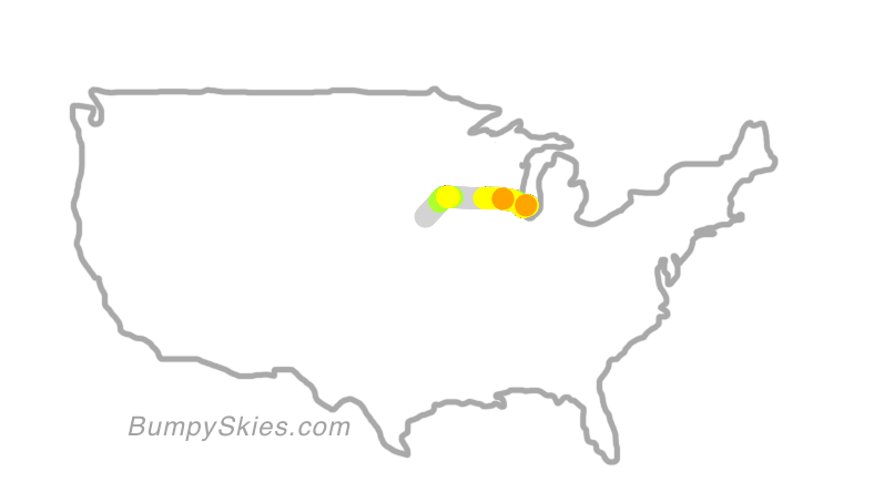 Map of continental US with illustrated flight path and turbulence forecast (described in text below)