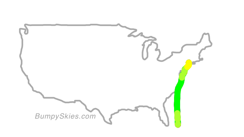 Map of continental US with illustrated flight path and turbulence forecast (described in text below)