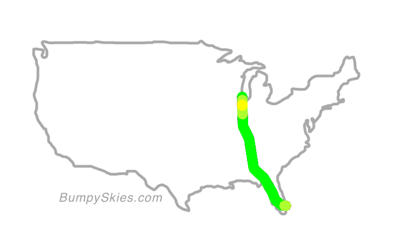 Map of continental US with illustrated flight path and turbulence forecast (described in text below)