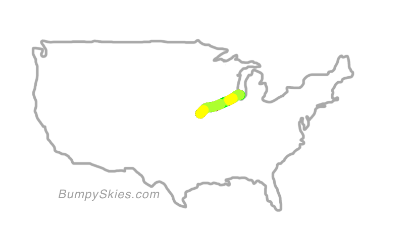 Map of continental US with illustrated flight path and turbulence forecast (described in text below)