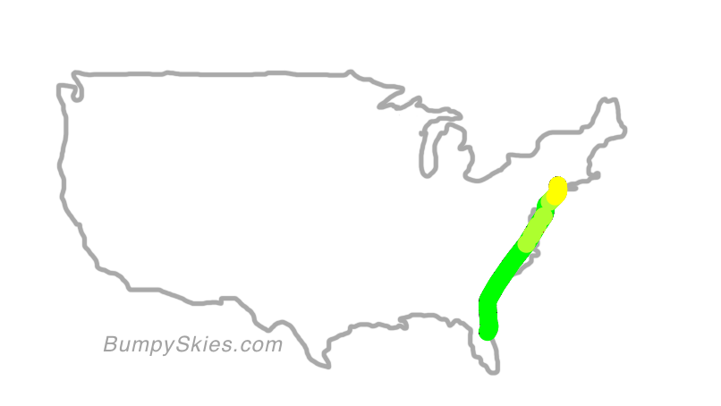 Map of continental US with illustrated flight path and turbulence forecast (described in text below)