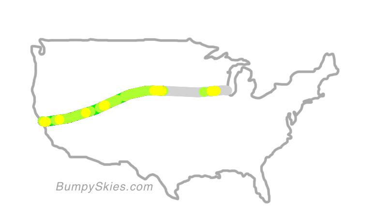Map of continental US with illustrated flight path and turbulence forecast (described in text below)